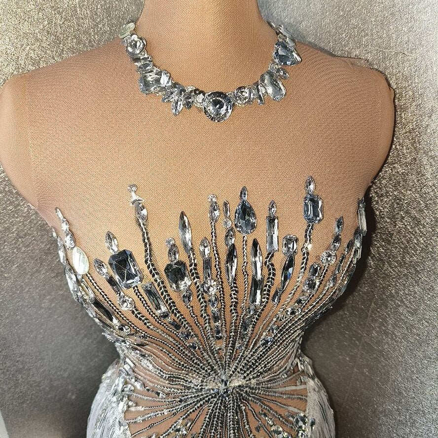Sexy Rhinestone Crystal Bodysuit Women Big Stretch Tassel Club Prom Drag Queen Costume DS Stage Singer Dance Fringe Leotard