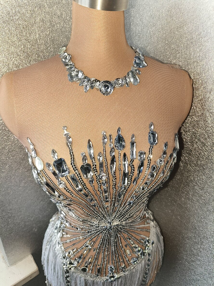 Sexy Rhinestone Crystal Bodysuit Women Big Stretch Tassel Club Prom Drag Queen Costume DS Stage Singer Dance Fringe Leotard
