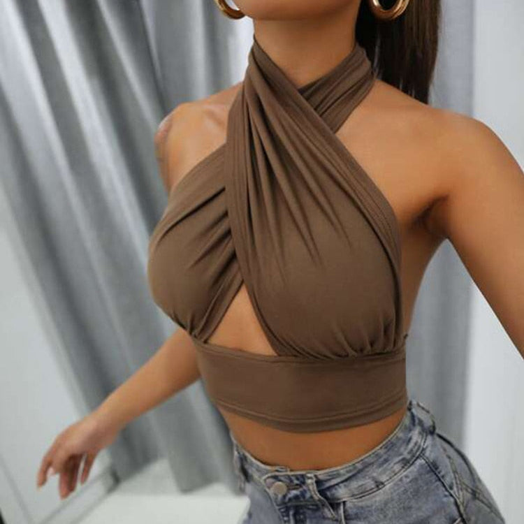 Women Summer Tank Tops Sexy Solid Color Cross Halter Neck Push Up Hollow Crop Tops High Street Wear 2023 New Fashion