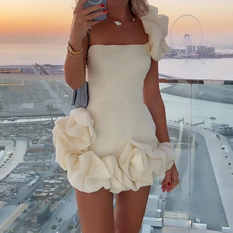 Summer Elegant Solid Mini Dress Sexy Strapless Irregular Ruffle Dress Fashion Ladies Off Shoulder Slim Club Party Dress Vestidos 02 White
