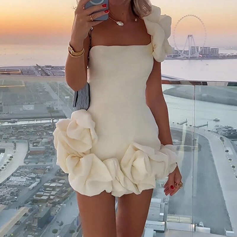 Summer Elegant Solid Mini Dress Sexy Strapless Irregular Ruffle Dress Fashion Ladies Off Shoulder Slim Club Party Dress Vestidos 02 White