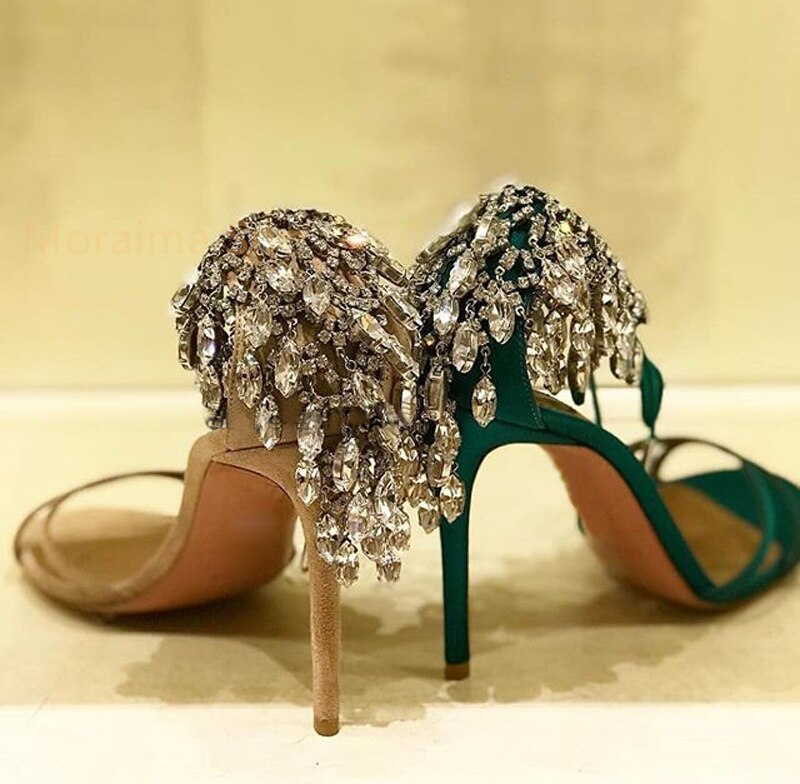 Green Gold Stiletto Women Sandals Bling Diamond Tassel High Heels Peep Toe Glittering Crystal Fringed Party Wedding Shoes Summer