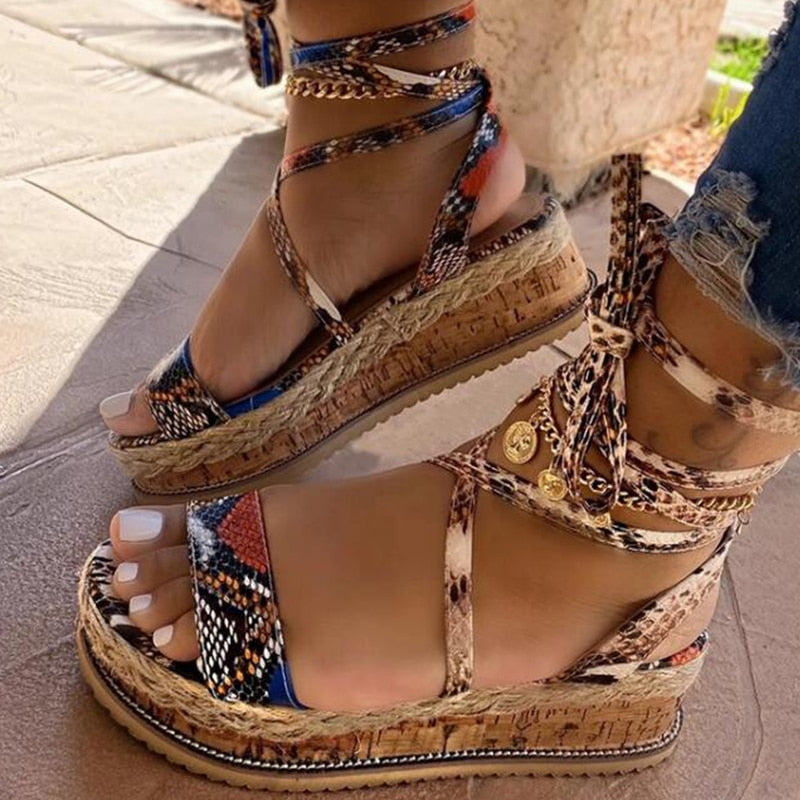 New Summer Women Snake Sandals Platform Heels Cross Strap Ankle Lace Peep Toe Beach Party Ladies Shoes Zapatos Sandals snake A