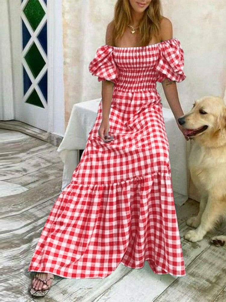 Summer Long Maxi Dress Women Casual Short Sleeve Square Collar Vintage Plaid Party Bohemian Vestidos Loose Sundress