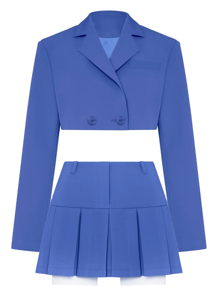Fall Women Blazer Suit Two Piece Sets Turn-down Collar Blazers Tops And Pleated Skirts Femme High Street Y2K Outfits Blue Suit