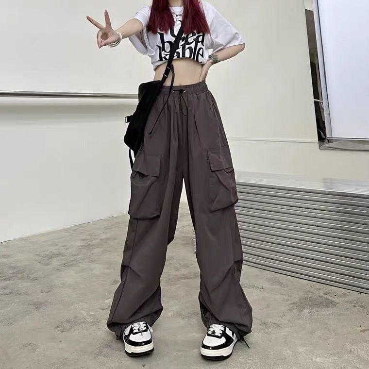 Summer Vintage Casual Cargo Pants Women Streetwear Pleated Drawstring Loose Wide Leg Straight Trousers Fashion Ladies Sweatpants Brown