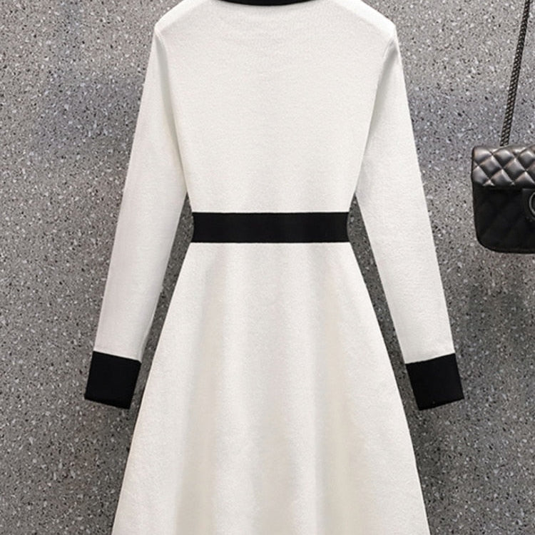 Small Fragrance Fall Winter Knitted Sweater Dress Women Bow Tie Buttons Vintage Party Mini Dress Elegant Casual Chic Robe Femme