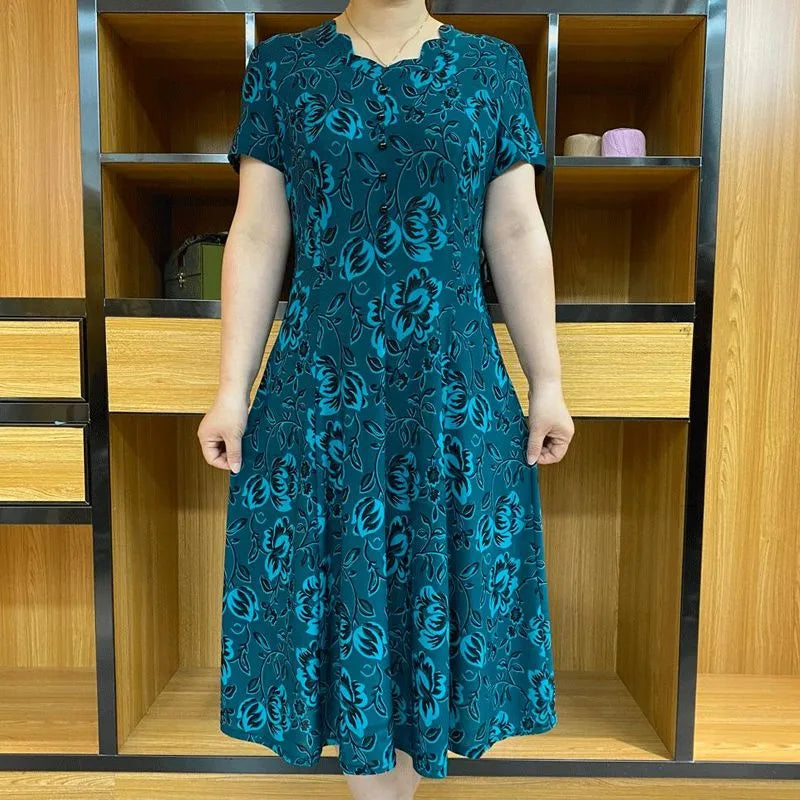 Vacation New Jacquard Summer Fashion Female Clothing V-Neck Splicing Floral Printing Short Sleeve Middle Length Dresses