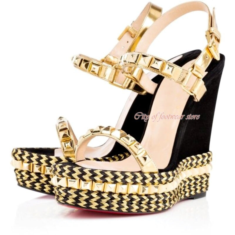 Women's Open Toe Platform Stud Espadrille Wedges Sandals Ankle Strap High Heeled Pump Luxury Designer Summer Beach Shoes Red as photo 2