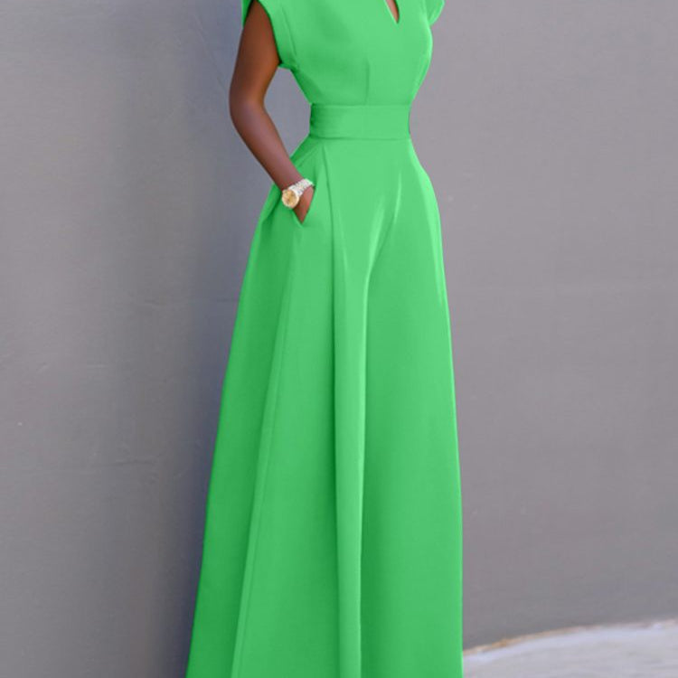 Summer Holiday Overalls Casual Elegant Playsuit Women Short Sleeve Long Rompers Commuting Wide Leg Pants Jumpsuits