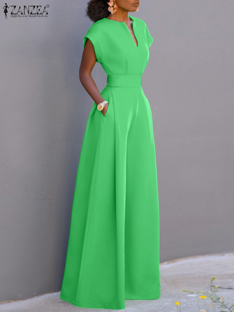 Summer Holiday Overalls Casual Elegant Playsuit Women Short Sleeve Long Rompers Commuting Wide Leg Pants Jumpsuits