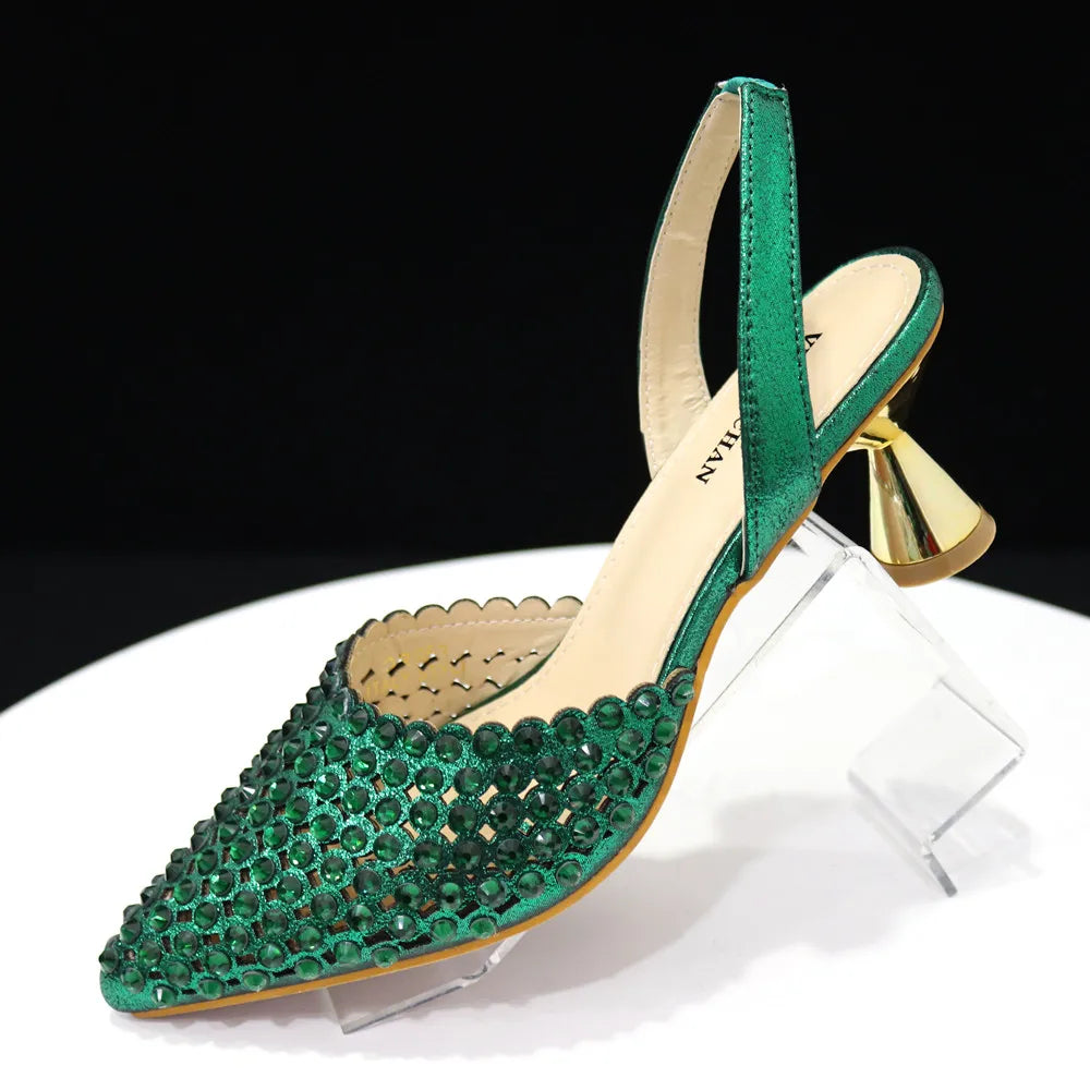 Venus Chan High Heels for Lady Luxury Designer Green Color Full Diamond Pointed Toe Wedding Shoe and Bag Set for Party Only shoes Green
