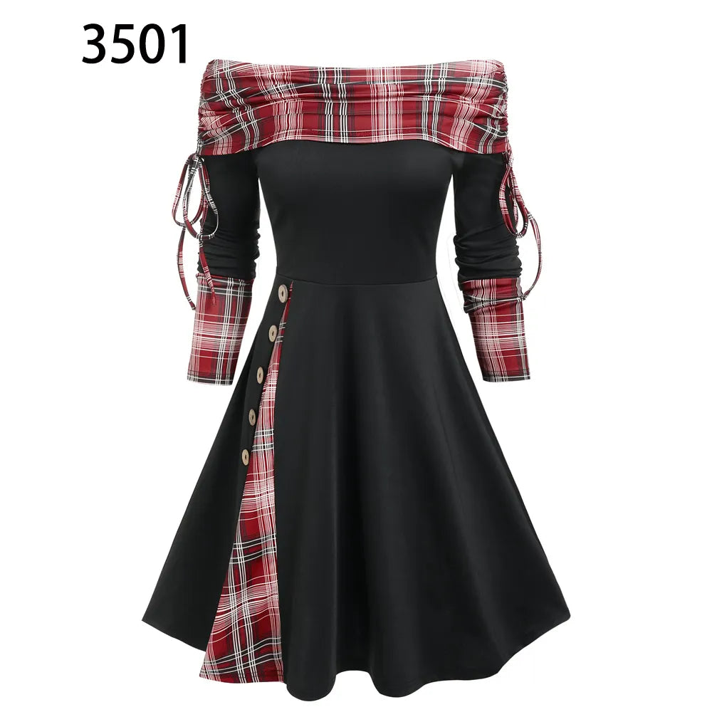 Convertible Cinched Striped Flare Dress Foldover Off The Shoulder Knitted Dresses Women Long Sleeve Jurken Black3501