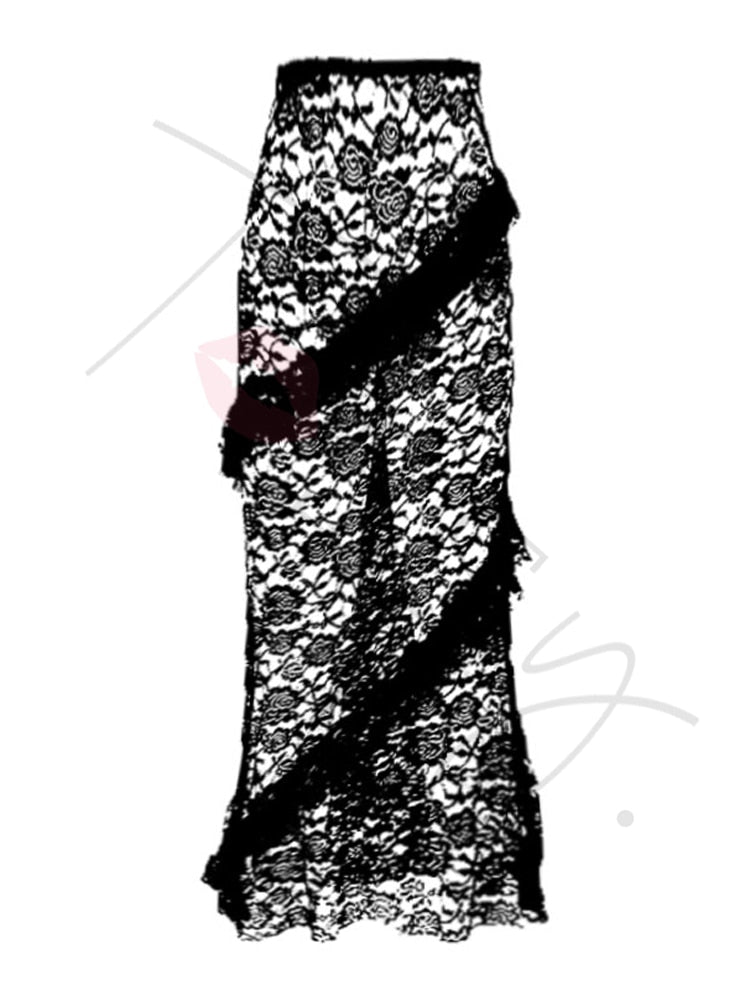 Tossy Lace Ruffled See-Through Maxi Skirt Women Slim Patchwork Party Holiday Women's Long Skirt Outfits Female Summer Maxi Skirt