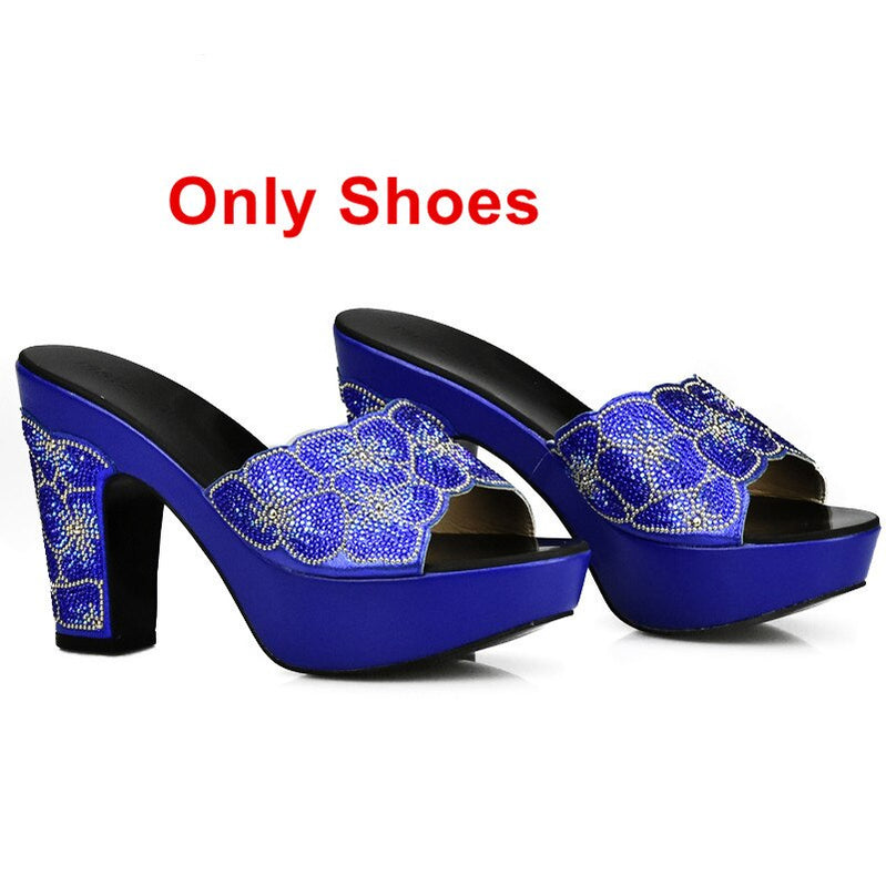 Latest Design Red Color Matching Women Shoes and Bag Set Decorated with Rhinestone African Shoe and Bag Set for Party In Women Blue Only Shoes