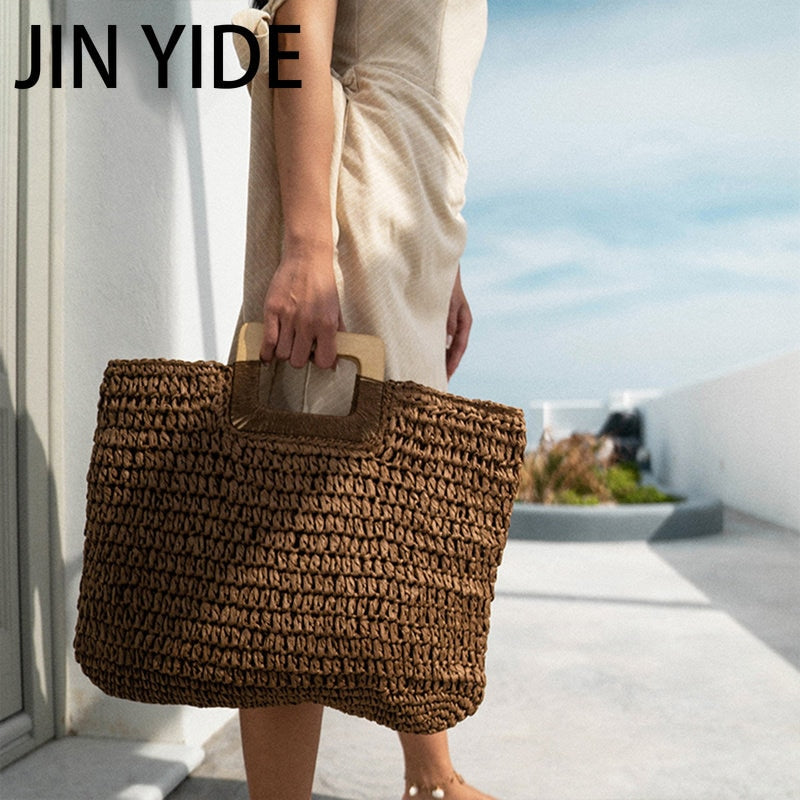 Summer Straw Handbag Wooden Handle Large Capacity Paper Rope Woven Straw Bag New Fashion Summer Vacation Travel Beach Bag