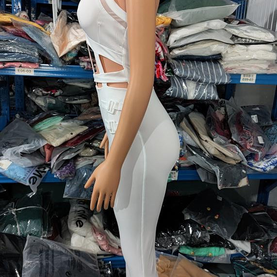 Sexy Night Out Jumpsuit for Women Summer New Sleeveless Plunge Hollow Out Halter Buckled Contrast Mesh Lady Skinny Jumpsuit