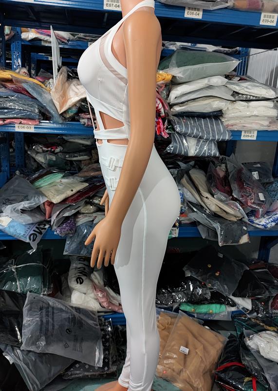 Sexy Night Out Jumpsuit for Women Summer New Sleeveless Plunge Hollow Out Halter Buckled Contrast Mesh Lady Skinny Jumpsuit