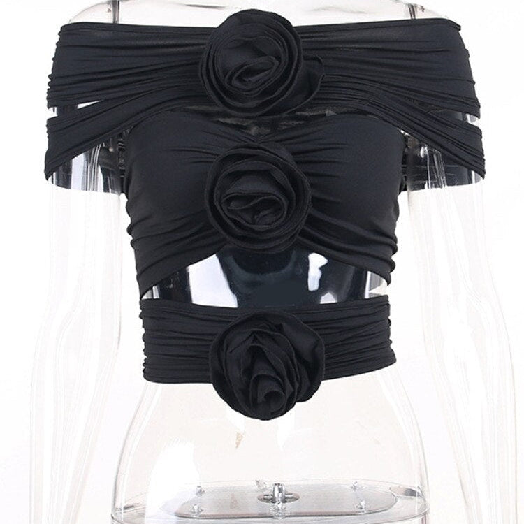 Mozision Rose Flower Sexy Crop Top Women Corset Summer Off-shoulder Sleeveless Ruched Tank Tops Bustier Ladies Short Tops Vest