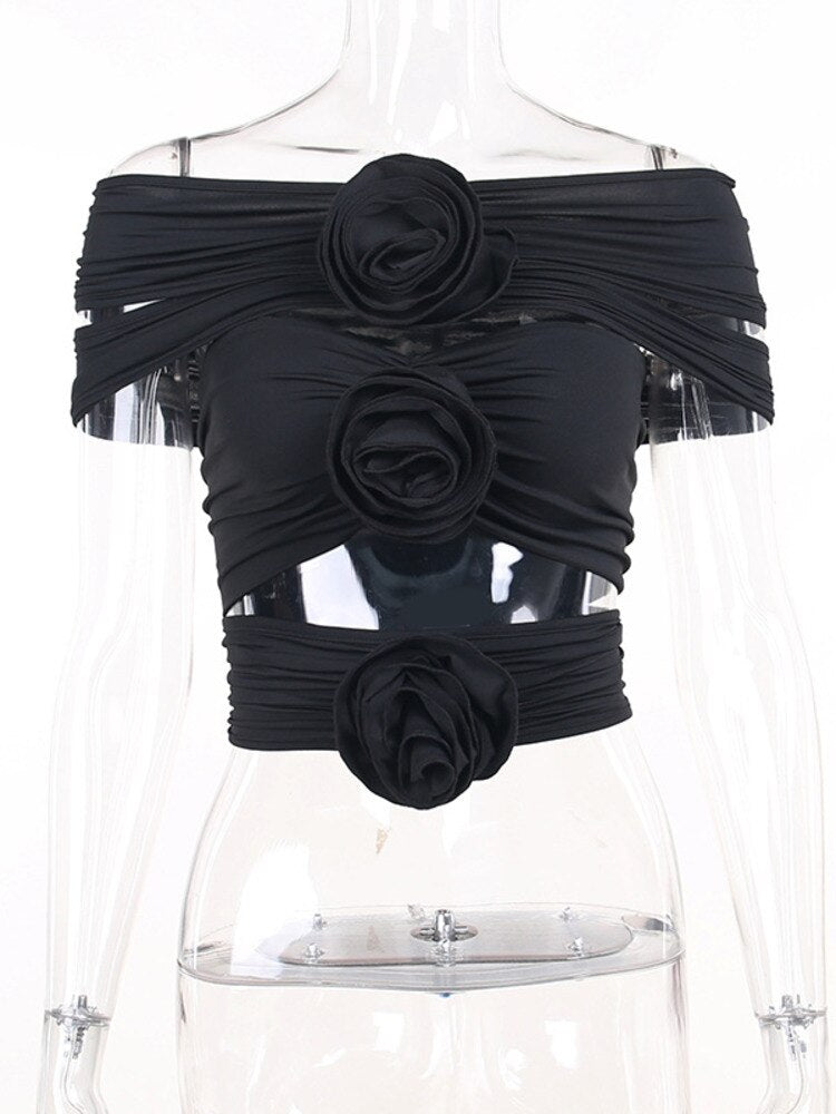 Mozision Rose Flower Sexy Crop Top Women Corset Summer Off-shoulder Sleeveless Ruched Tank Tops Bustier Ladies Short Tops Vest