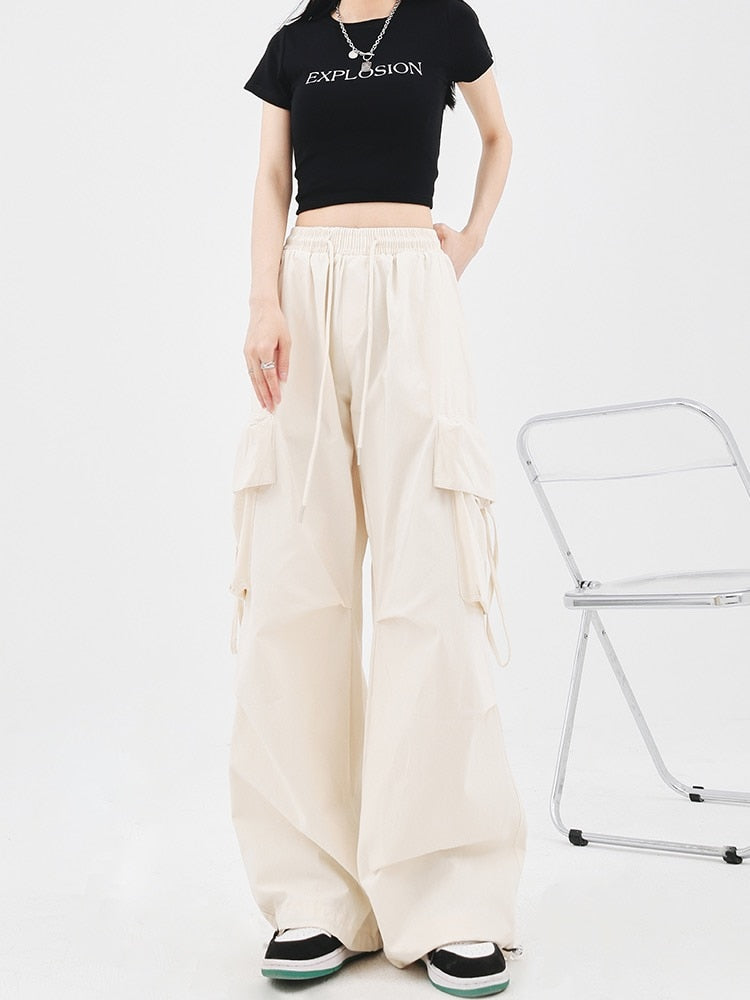 HOUZHOU Harajuku Y2k Wide Cargo Pants Women Baggy Hip Hop Style Black Parachute Pants Pink Oversized Joggers Korean Streetwear Beige