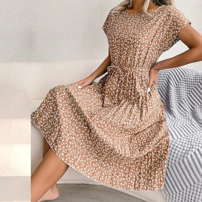 Fashion Floral Pleated A Line Long Dress Women Spring Summer Short Sleeve High Waist Chic Dress Auburn