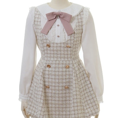 Japanese Style Cute Sweet Shorts Suit 2023 Spring and Autumn Lace Up Bow Neck Plaid Coat Suit Girl and Short Pants 2 Piece Sets APRICOT One Size