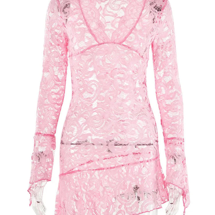 Sexy See Through V-neck Longsleeve Lace Mini Dress Women Summer Skinny Hollow Out Dresses Club Party Clothes