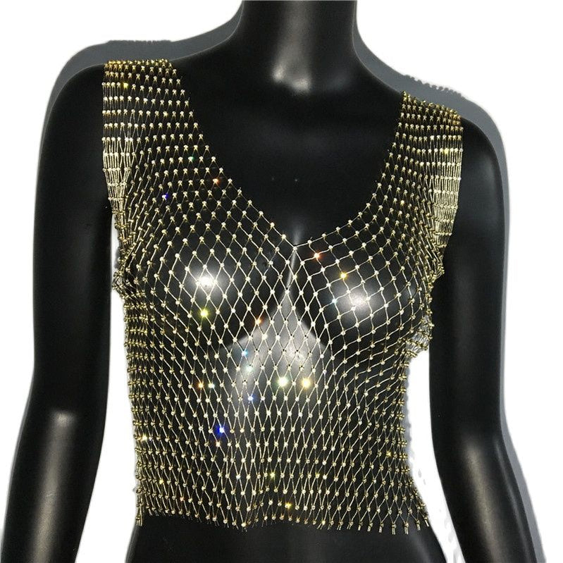 Women's Fishnet Rhinestone Crop Top 2023 Summer Sexy Mesh High Elastic Black White Shirt Net See Through Rave Diamond Tank Top Gold V Neck