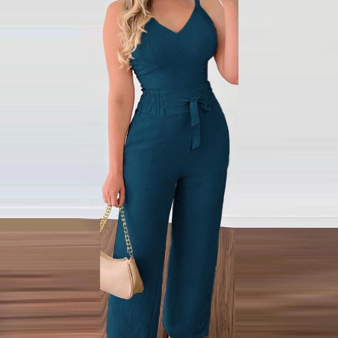 Woman Long Jumpsuits Elegant Sexy V-Neck Shirred Cami Top &amp; High Waist Pants Set New Fashion Casual One Pieces