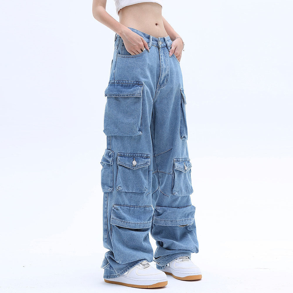 Pocket Solid Color Overalls Jeans Women's Y2K Street Retro Loose Wide-Leg Overalls Couple Casual Joker Mopping Jeans Pants Women