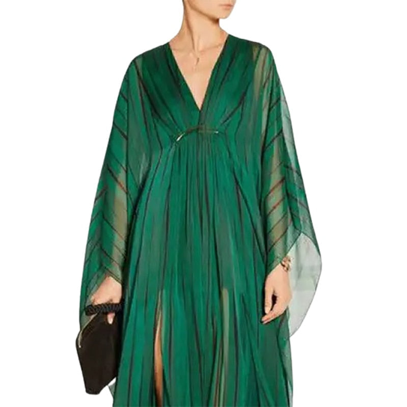 Freeacy Female 2023 New Deep V-Neck Long Sleeves Loose Dress Striped Split-Front Maxi Dresses For Women Elegant Party Dress