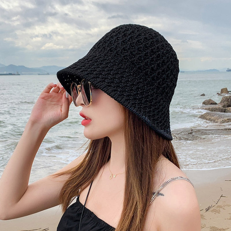 Sunscreen Hat Women's Net Red ins Korean Bucket Hat Hollow out Fisherman Basin Hat Outdoor Knitted Sun Shield Hat 1 55-58CM
