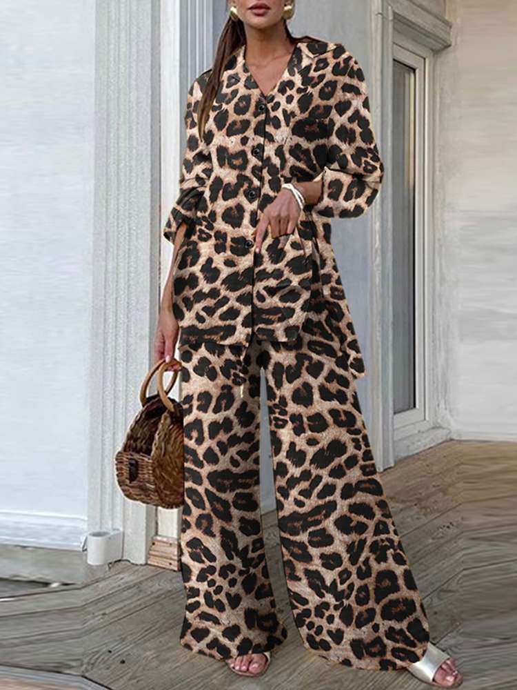 Mode Frauen Leopard Print Hose Sets lässige losen Tops und Hosen -Outfits Herbst Wide Leg Pant Freizeit zweiteilige Sets