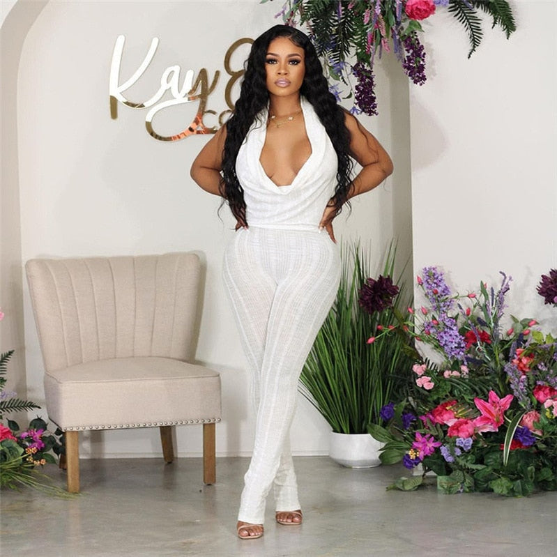 Sexy Low Collar Hanging Neck Sleeveless Slim Fit High Waist Jumpsuits Women Summer Casual Backless Solid Crumpled Overalls