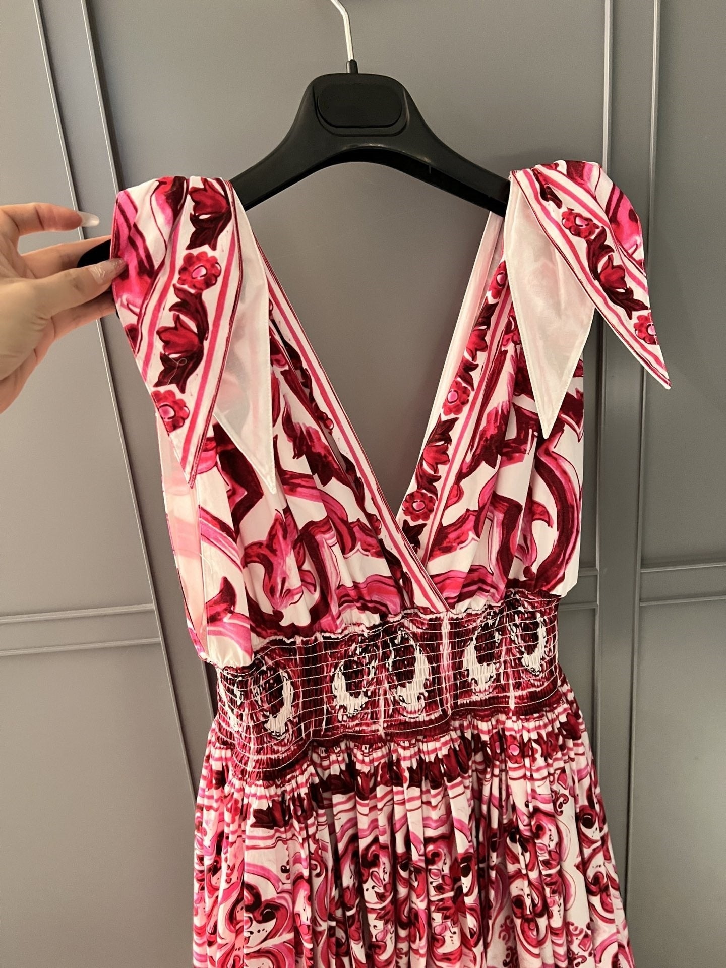 Summer Cotton Print Deep V-Neck Sleeveless Strap A-line Waist Wrap Large Hem Long Dress woman maxi skirt