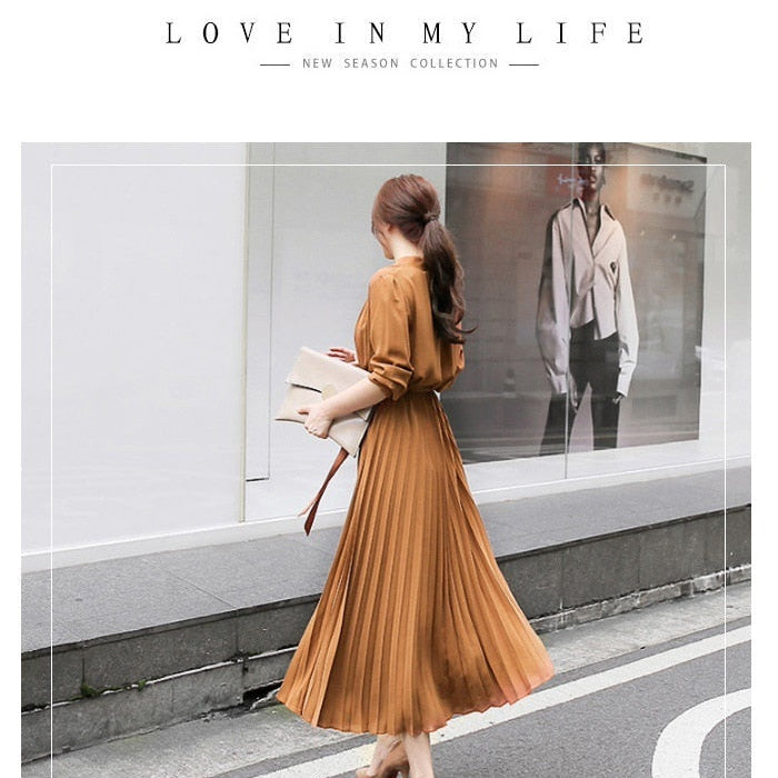 Elegant Chiffon Long Sleeve Shirt Dress Women Belt Lace Up A-line Pleated Maxi Dress Korean Fashion Fall Clothes Streetwear