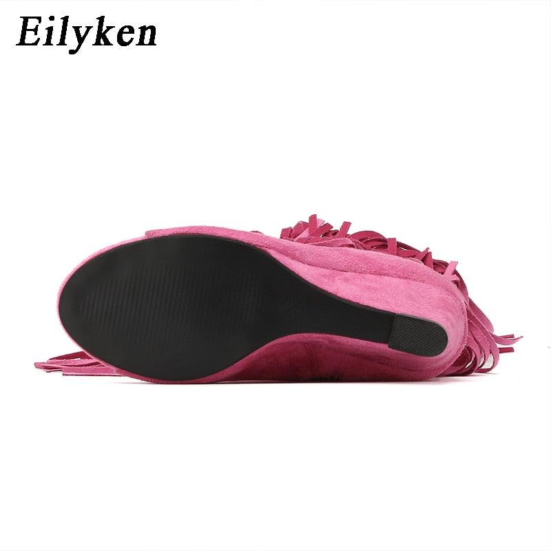Eilyken Designer Fringe Wedges  Boot Sandals Woman High Heels Open Toe Party Prom Shoes Sexy Zipper Female Pumps