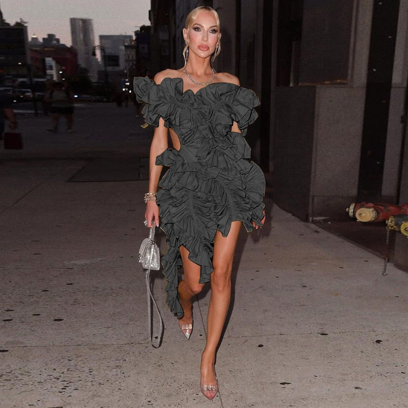 Women Edible Tree Fungus Tierred High Low Asymmetrical Ball Gown Dress 2023 Sexy Club Party Evening High Street Dresses Black