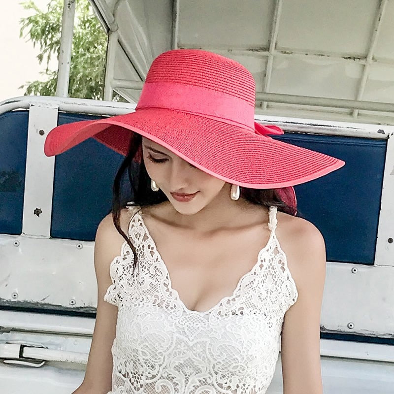 Seaside Photo Beach Straw Hat Children Summer Large Brim Sunscreen Shading Simple Fashion Large Brimmed Hat Sun Hat Beach Hat Watermelon red Adjustable 55 60cm