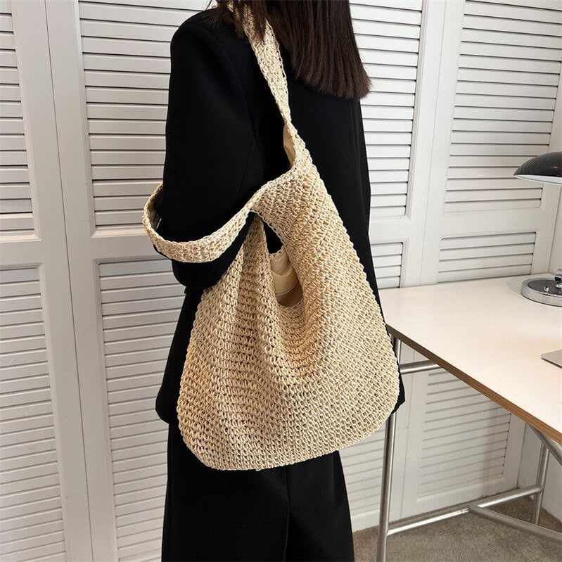 Women's Bag Soft Straw Bag Casual Long Woven Shoulder Bag Popular Light Travel Beach Bag