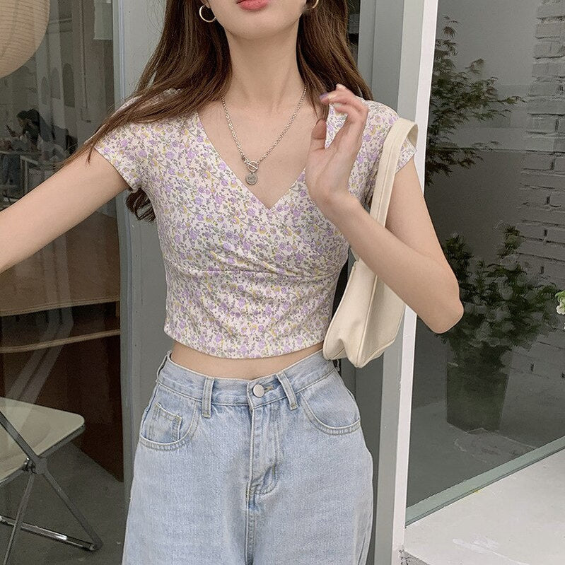Sexy Women Slim Crop Top Tees T Shirt Low Cut Short Sleeve Floral Female Teenage Girls Femmes T-Shirt Cross Wrap Y2K 8