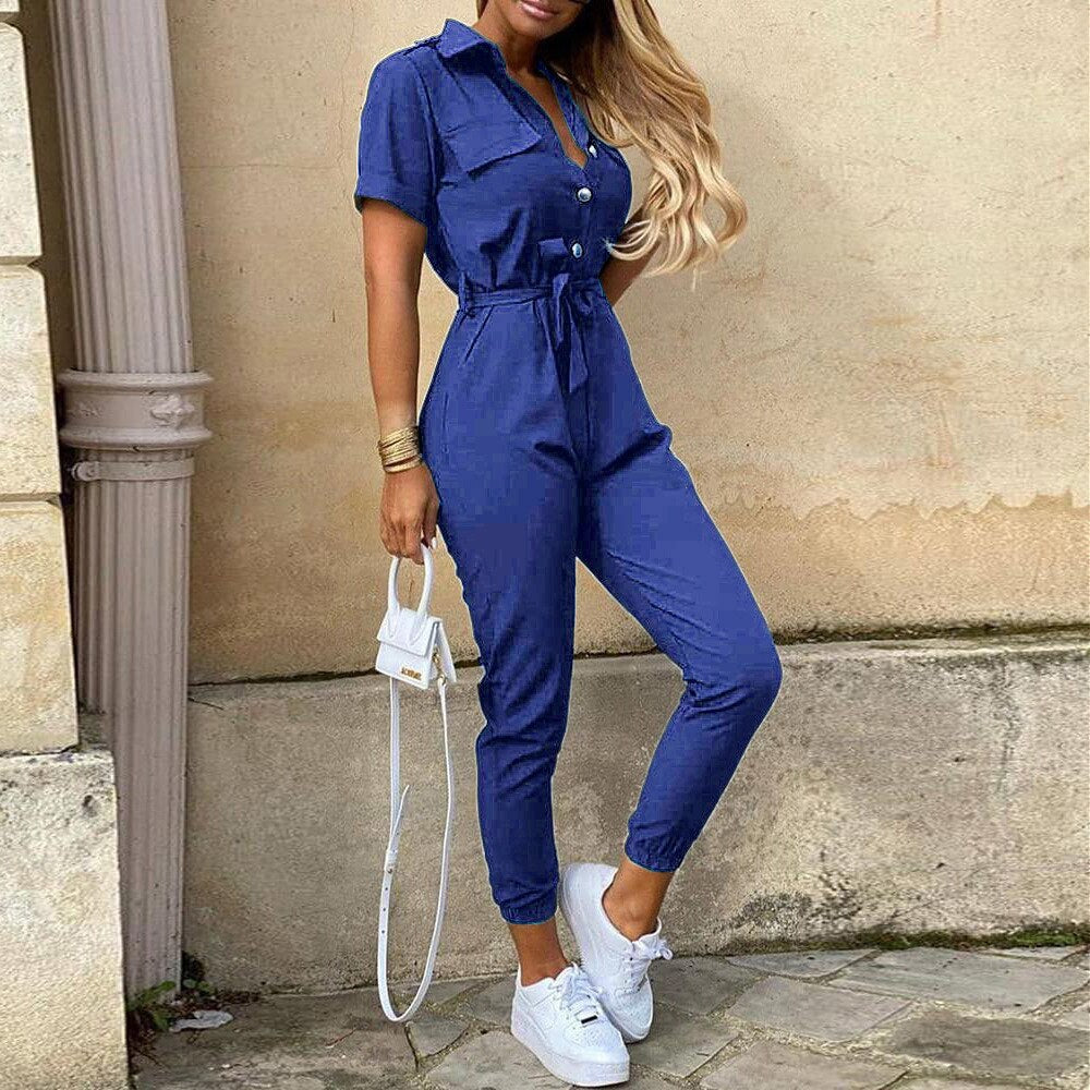 Overalls for Women New Casual Lapel Lace-up Print Belt Work Jumpsuit Women One Pieces Bodysuit Women Chic and Elegant Jumpsuits Blue