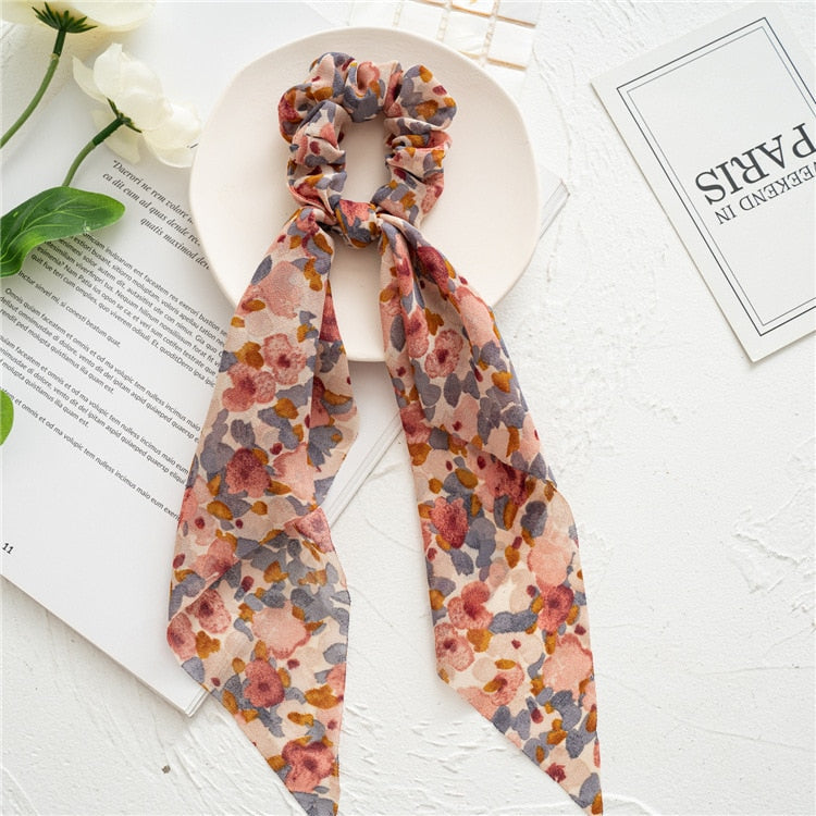 Fashion Print Chiffon Long Ribbon Scrunchies Women Girls Ponytail Scarf Elastic Hair Bands Ties Hair Accessories Wholesale 26