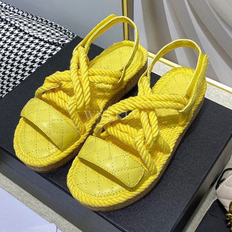 New Summer Women Real Leather Splicing Hemp Rope Open Toe Casual Sandals With Sticky Strap Design Resort Beach Flat Shoes