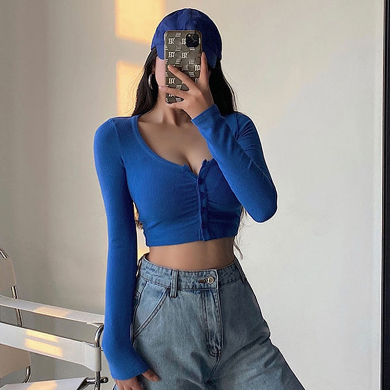 Xpqbb White Long Sleeve Crop Top Women Y2K Sexy Skinny Night Club Short T-Shirt Female 2023 Summer Thin Button Knitted Blouse