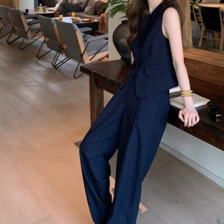 Korean Fashion Summer Pleated Skirt 2 Piece Set Women Elegant Sleeveless Button Tops+Wide Leg Pants Suits Y2k Casual Outfits blue pant set