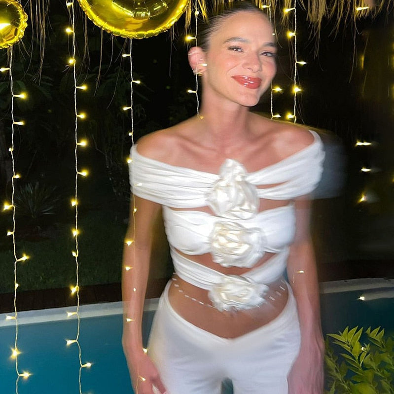 Mozision Rose Flower Sexy Crop Top Women Corset Summer Off-shoulder Sleeveless Ruched Tank Tops Bustier Ladies Short Tops Vest White