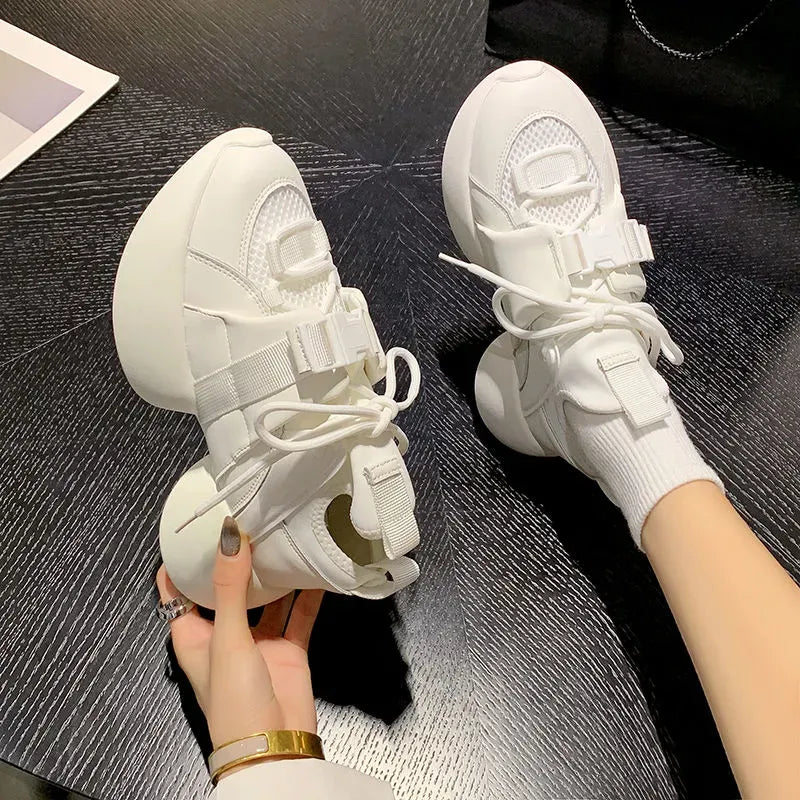 Women Sneakers Genuine leather Platform Sneakers Women Casual Shoes Chunky Sneaker 6CM Increase Designer Thick Sole Dad Shoes 2218 White