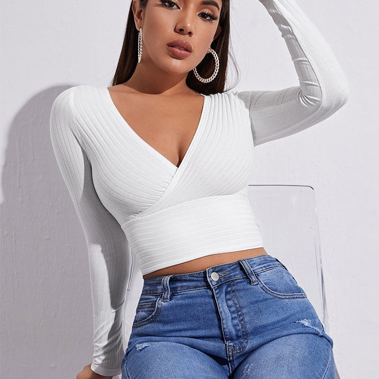 Women Casual Solid Long Sleeve Crop T-shirt Fashion V-Collar Bare Midriff Stretch Tops Ribbed Knitted Elastic Slim Skinny Tees